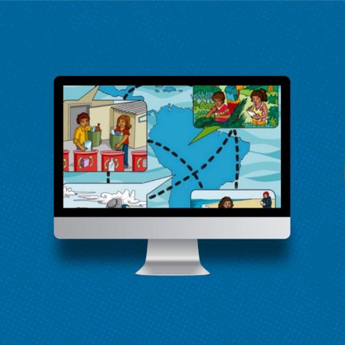 imagenes ilustradas de jóvenes limpiando playas y cuidando el medioambiente.